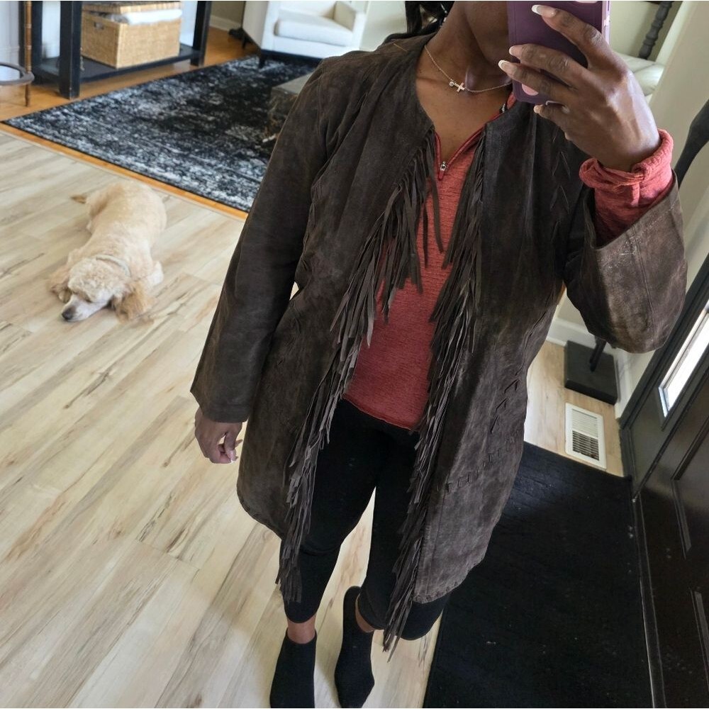 CHICOS DESIGN SUEDE Leather FRINGE Brown Single Hook Closure Jacket SIZE 1 US M - Picture 9 of 13